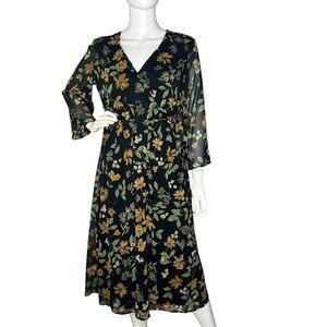 New Calvin KLEIN CHIFFON MIDI DRESS 3/4 Sleeve Floral Olive Green Size 2